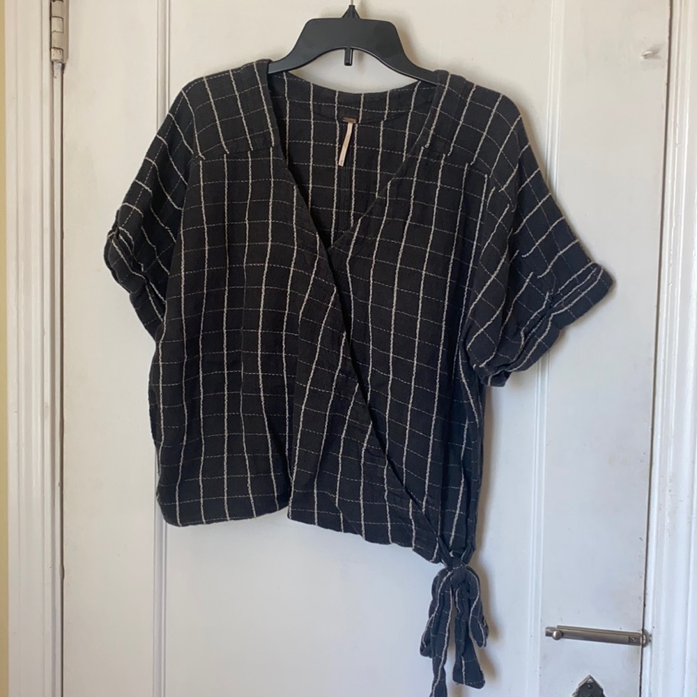 Free People Black Checkered Wrap Top
